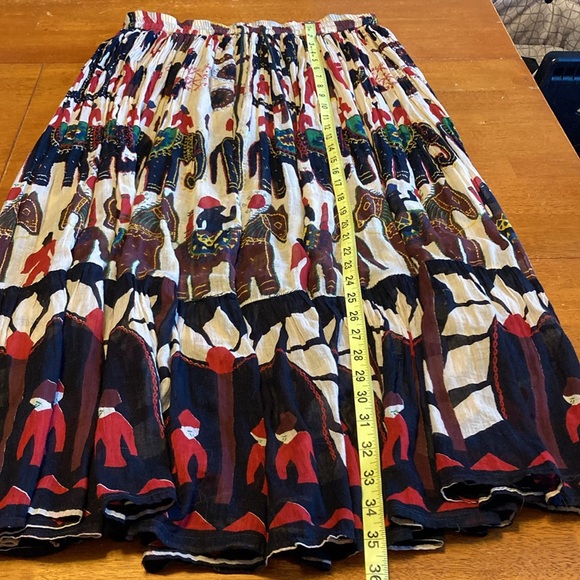 VTG Womens Tiered Maxi Skirt Tribal Elephant Print Tassels Bells Elastic Waist - Picture 13 of 14